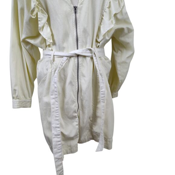 Free People Sz XL Imogene Cream Denim Mini Dress Ruffle Puff Sleeve Dolman - Picture 7 of 17